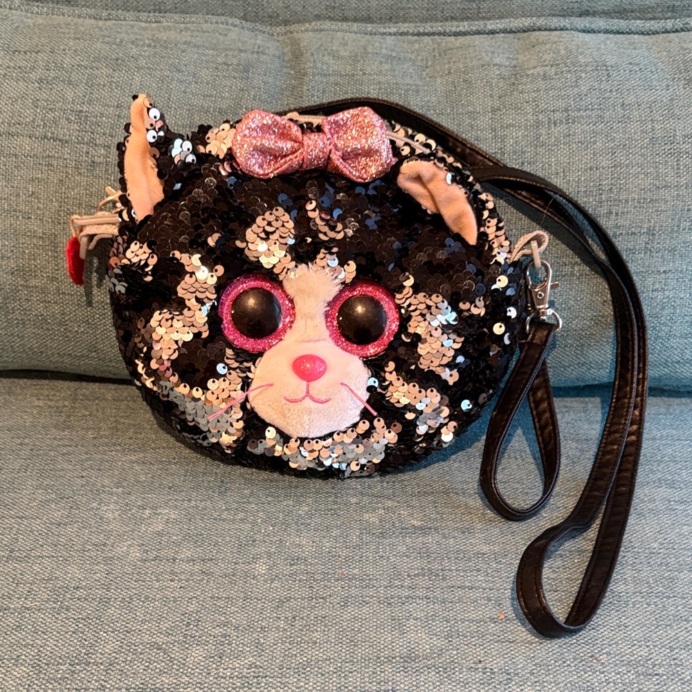 Sequin Cat Face Crossbody Bag with Pink Bow